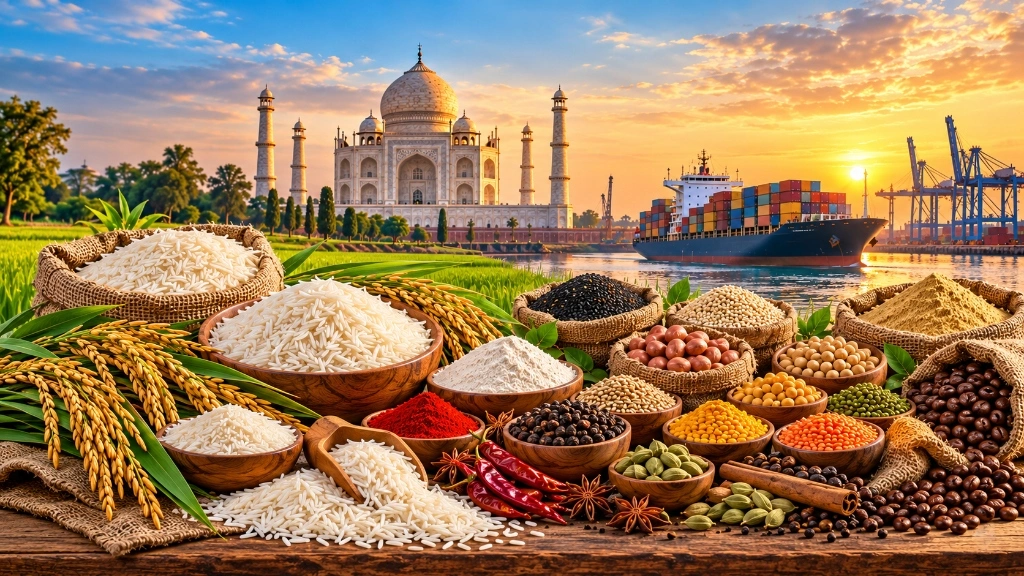 Taj Mahal with Indian Agricultural Commodities Spread - Rice, Spices, Pulses, Coffee, and Cargo Ship